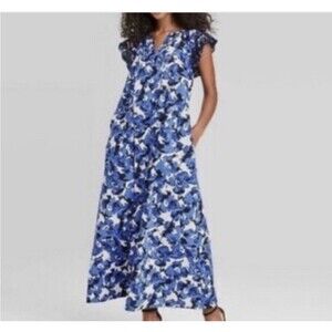 Who What Wear XXL Blue Floral Cotton Eyelet Maxi Dress With Pockets